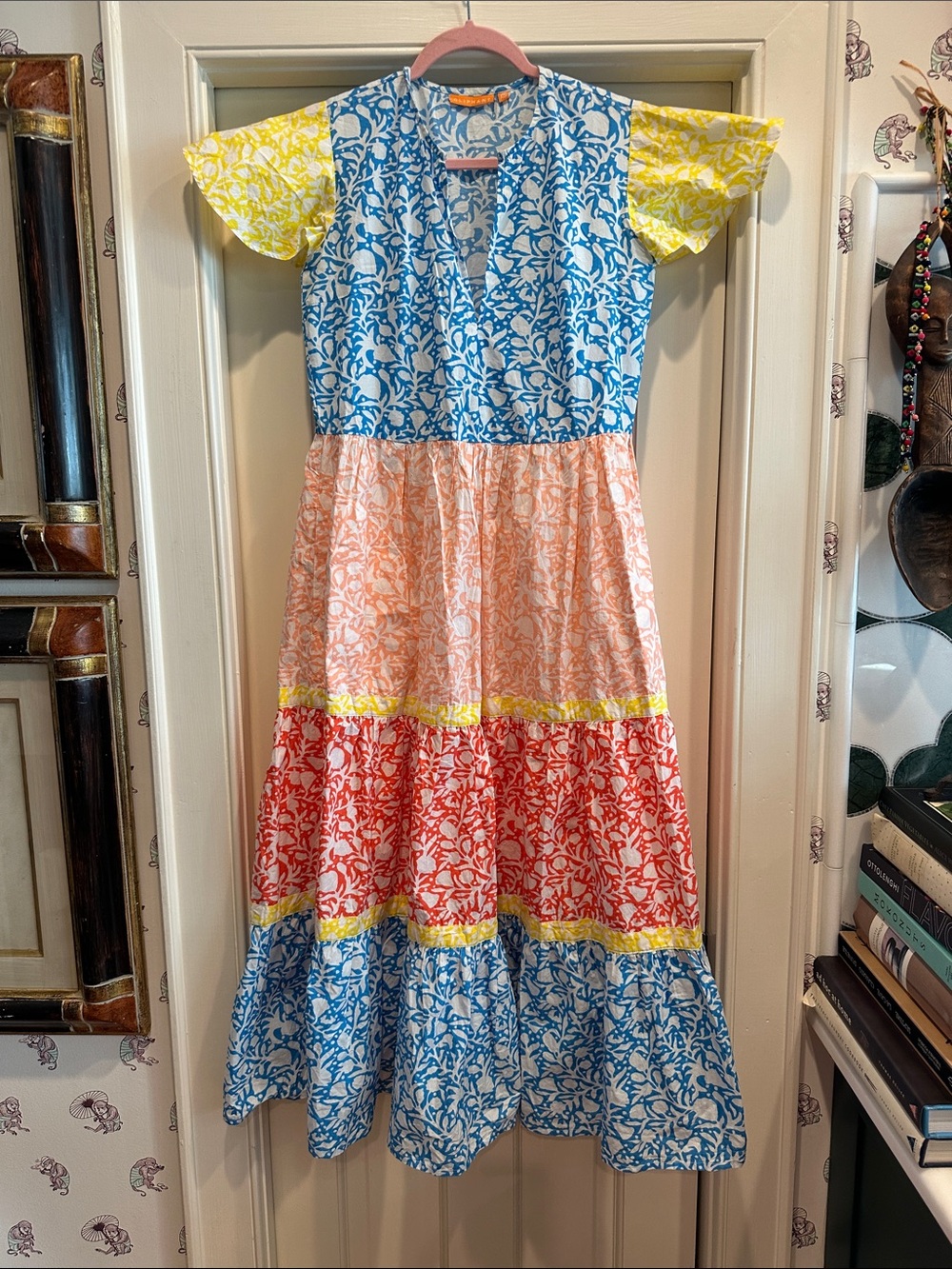Oliphant Colorblock Floral Tiered Dress in Blue, Pink & Red